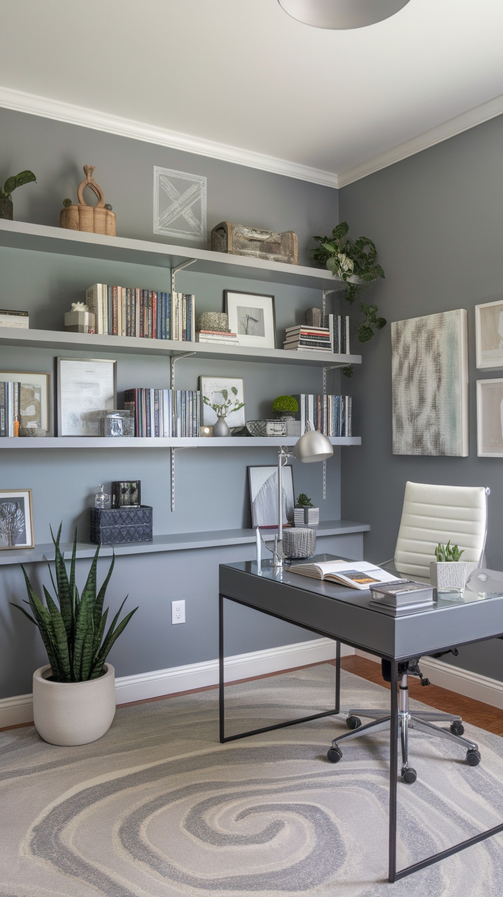 An office space featuring Mindful Gray walls, a sleek desk, and decorative bookshelves