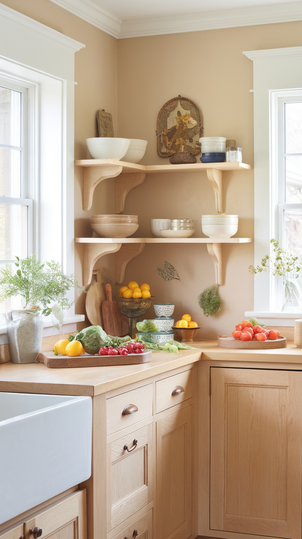 A cozy kitchen featuring warm neutral walls, fresh vegetables, and open shelving.
