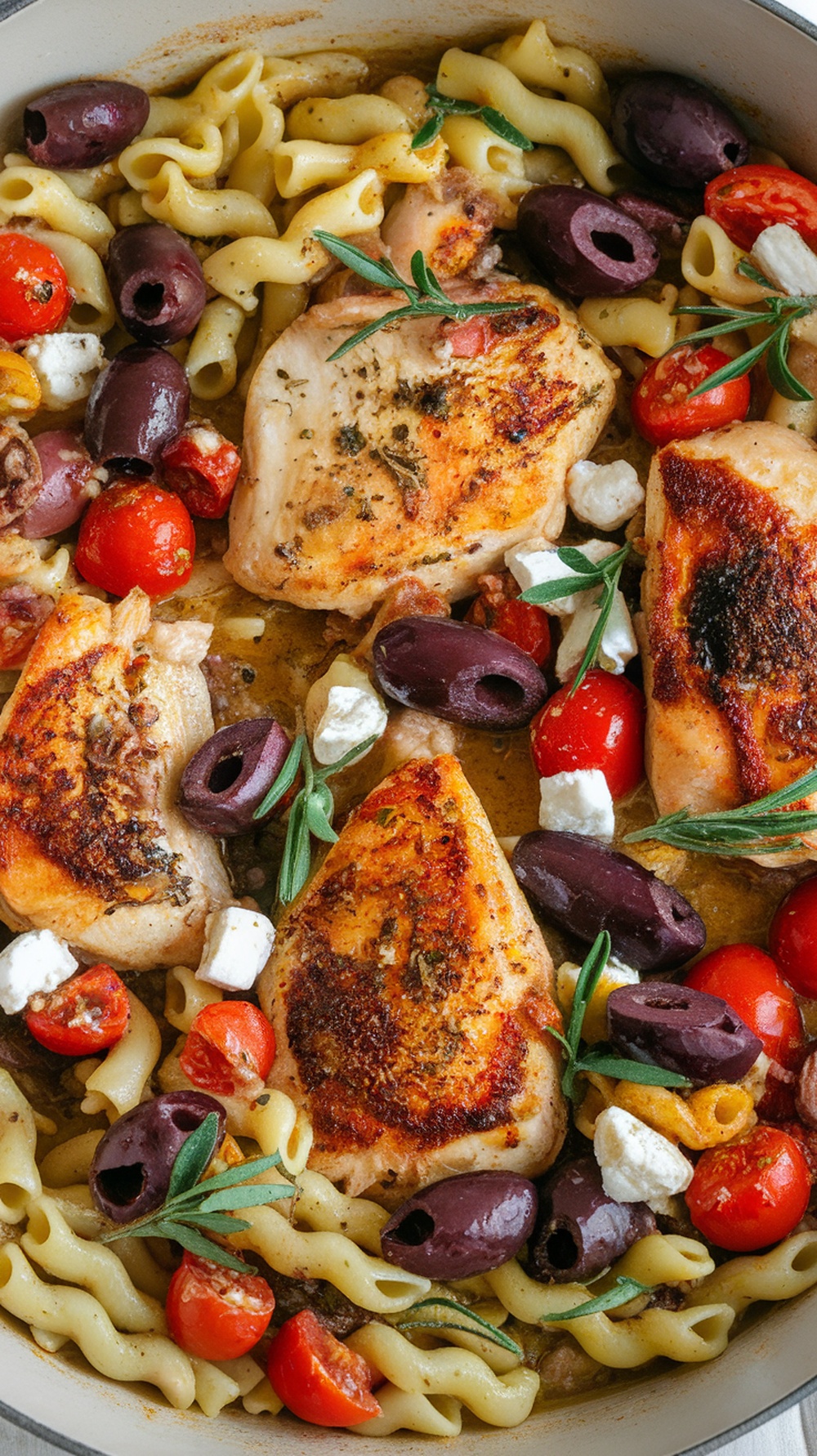 A delicious one-pan Mediterranean chicken pasta dish with chicken, olives, and tomatoes.
