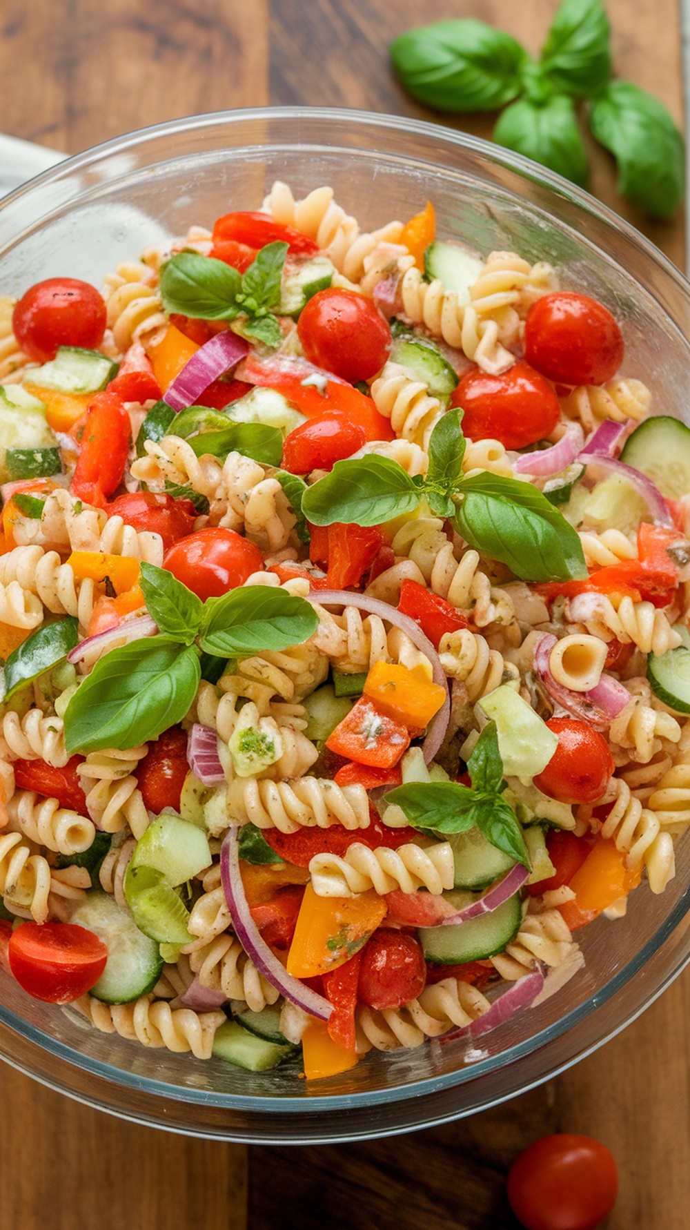 A colorful bowl of pasta salad with various vegetables and Italian dressing.