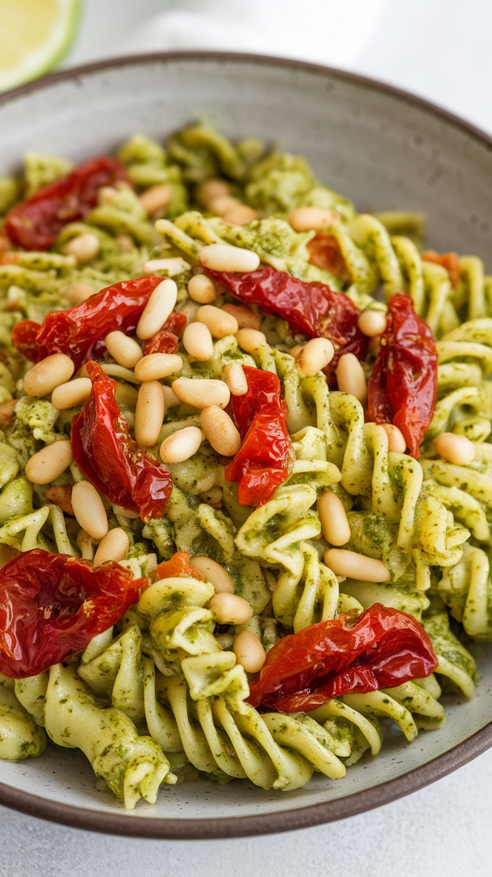 A bowl of pasta salad featuring pesto, sundried tomatoes, and pine nuts.
