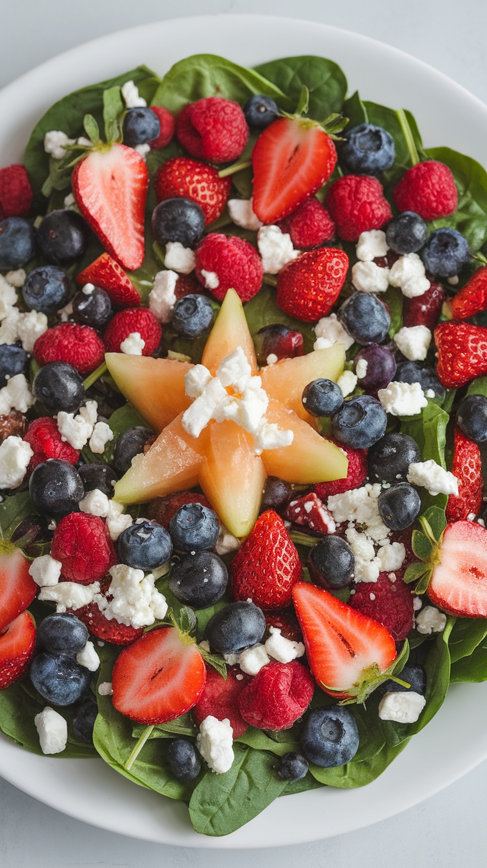 A colorful spinach salad with berries and feta cheese.