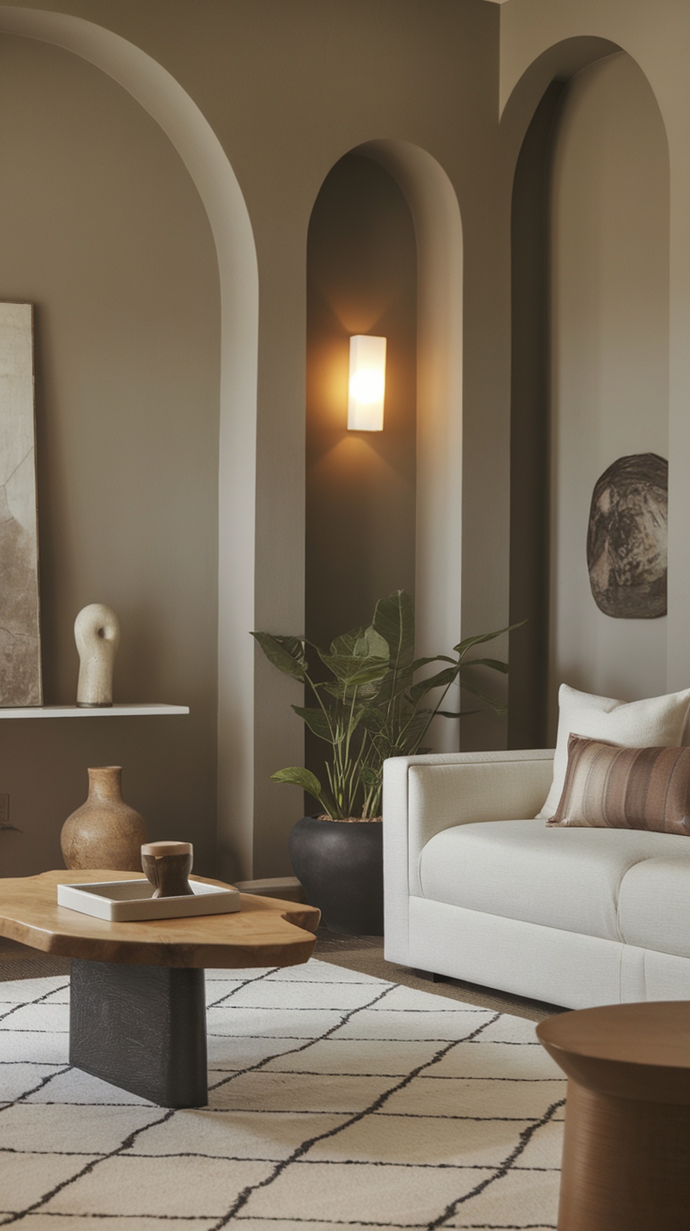 A cozy living space featuring Pavement walls, a light couch, wooden coffee table, and plants.