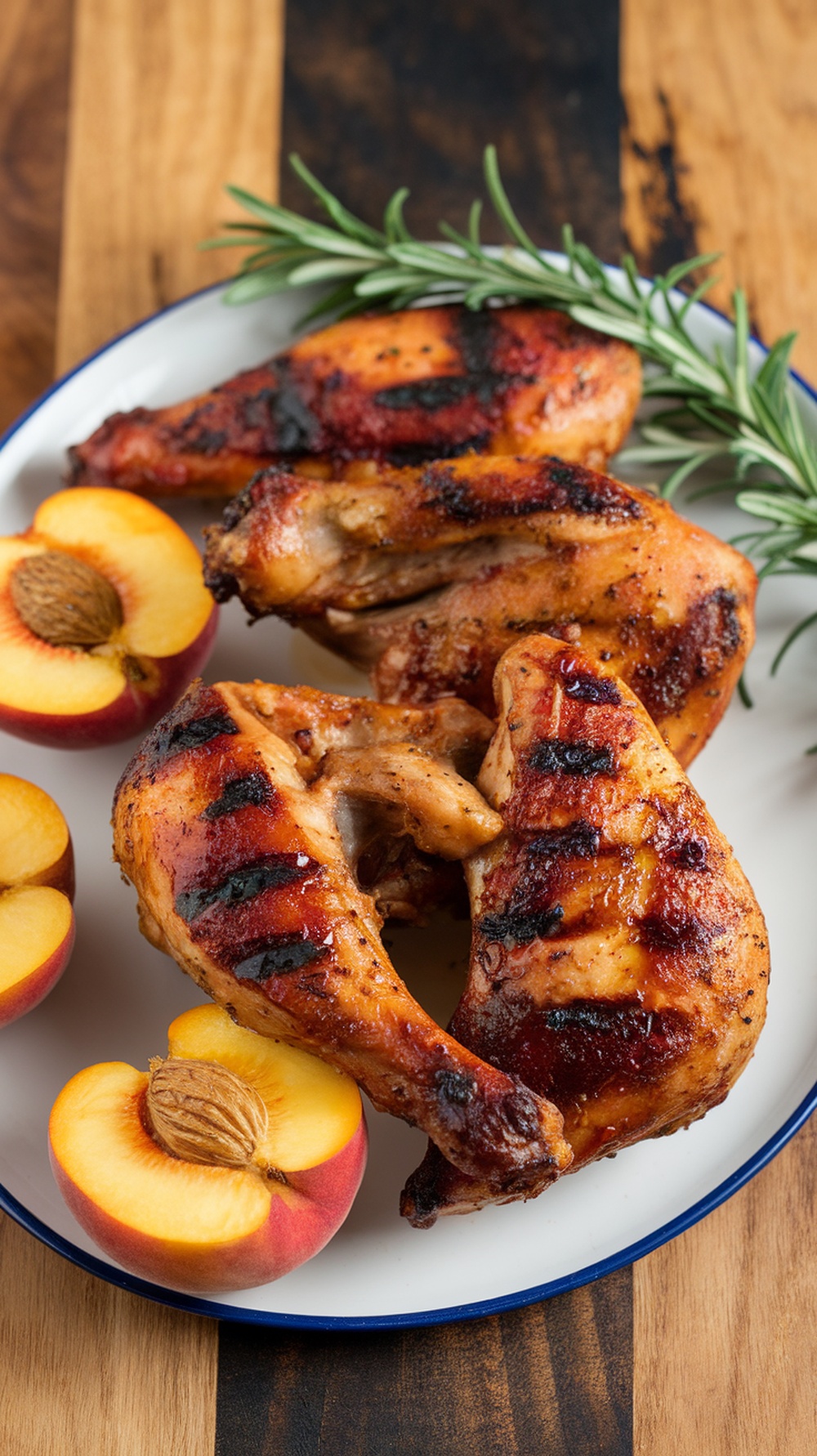 Grilled chicken pieces garnished with peaches and herbs.