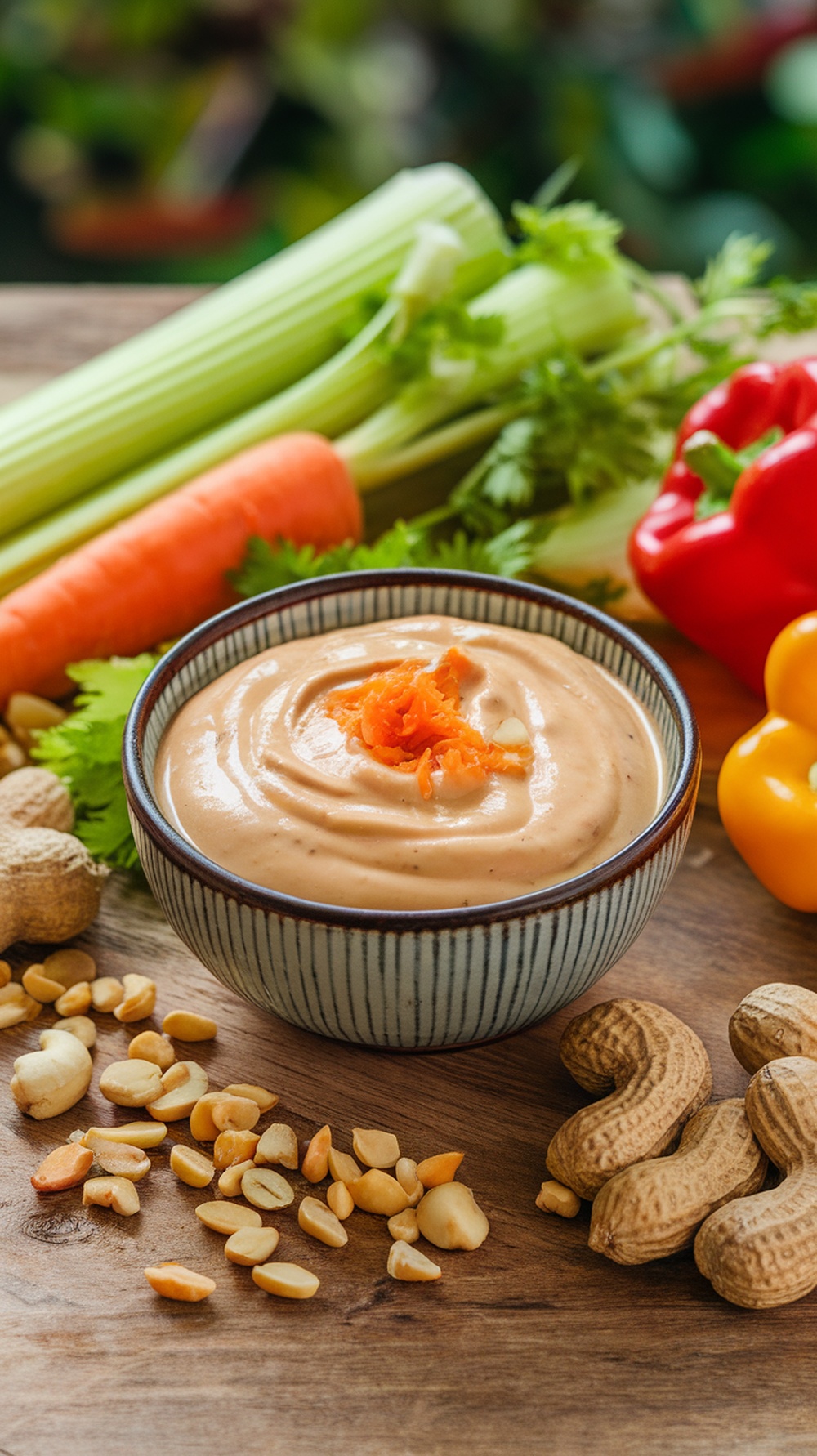 A creamy peanut dressing with ginger, surrounded by fresh vegetables and peanuts.