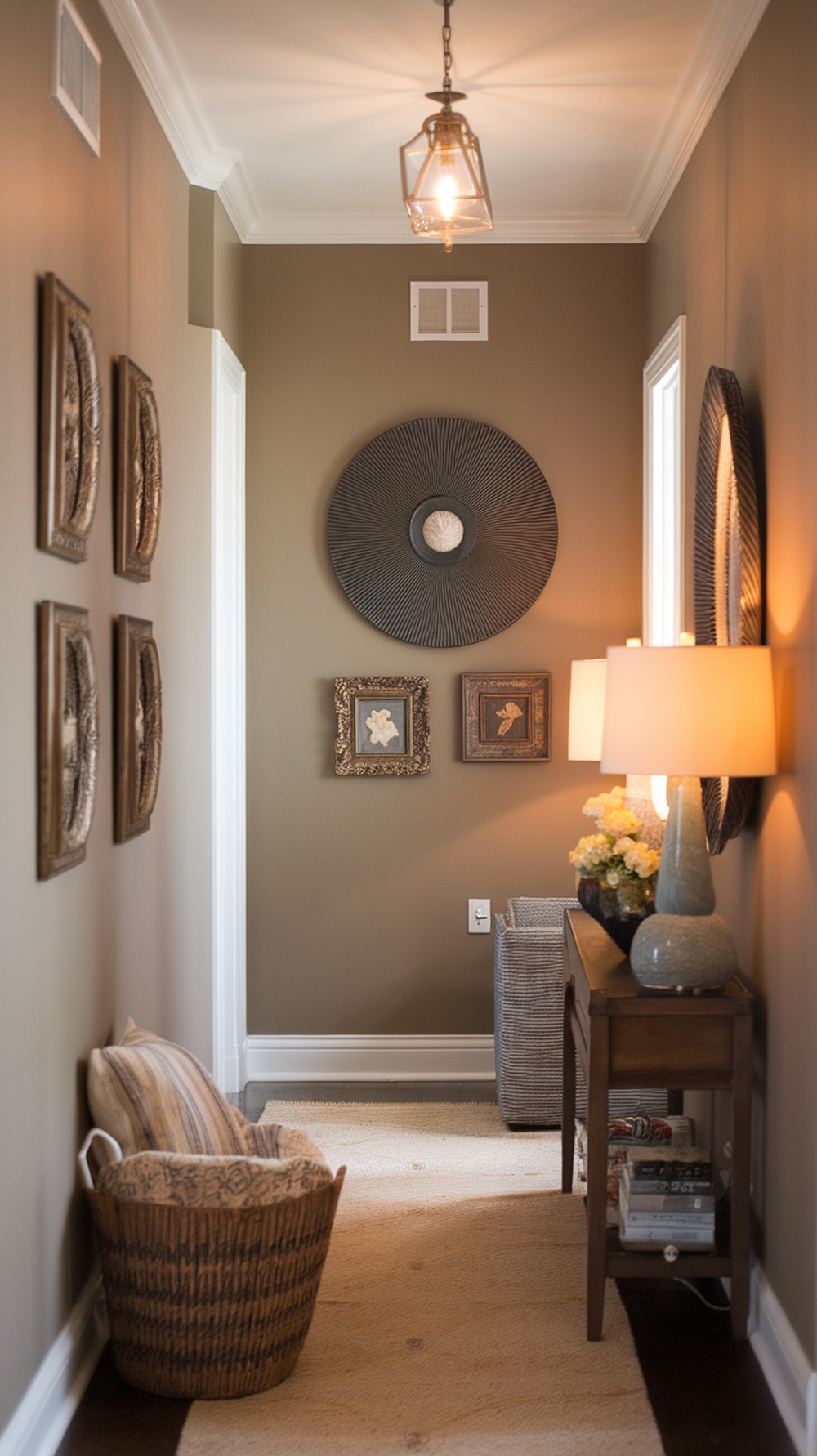A cozy hallway featuring warm greige walls, adorned with framed art and soft lighting.