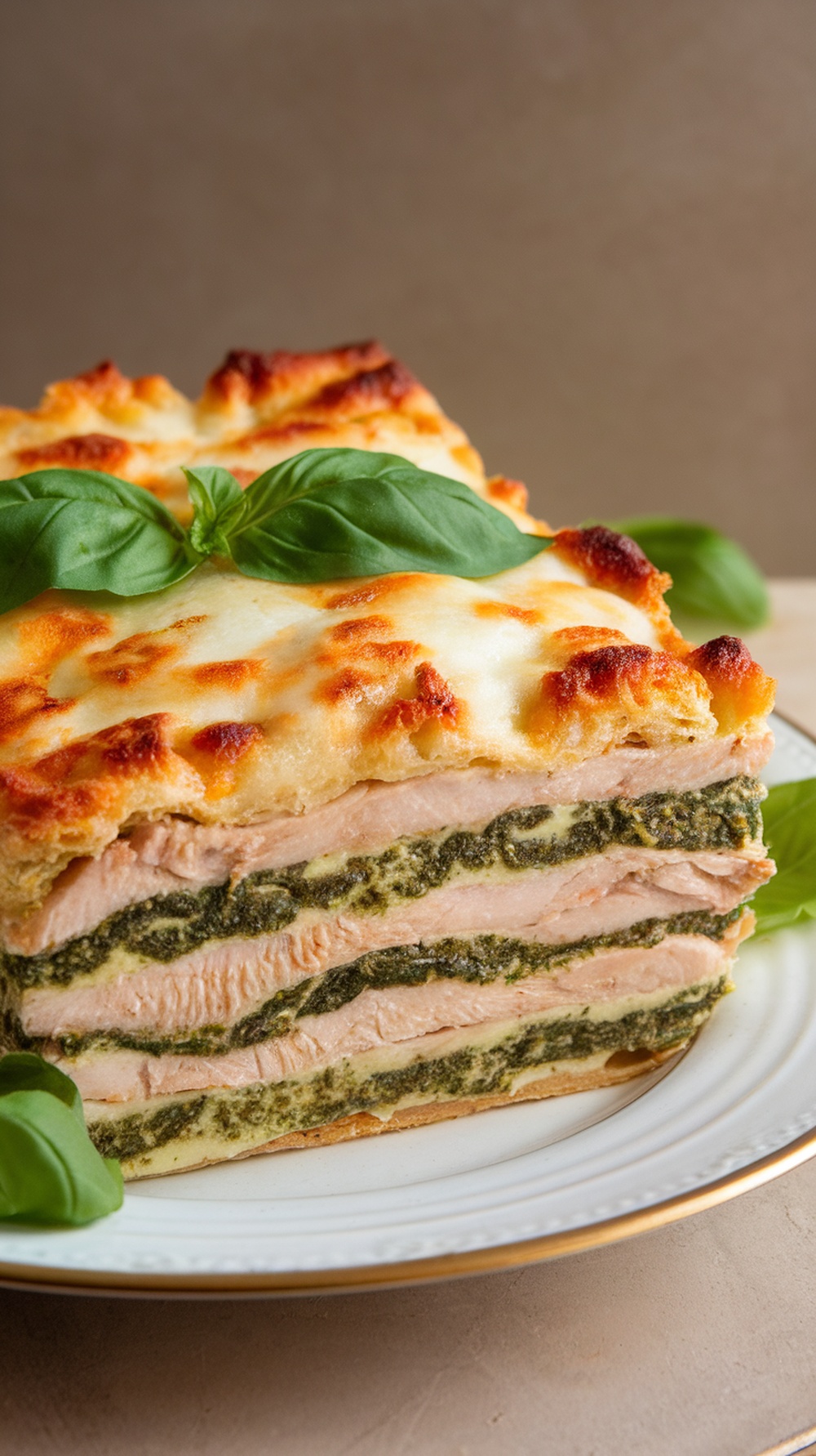 A deliciously layered pesto chicken and spinach bake, topped with melted cheese.