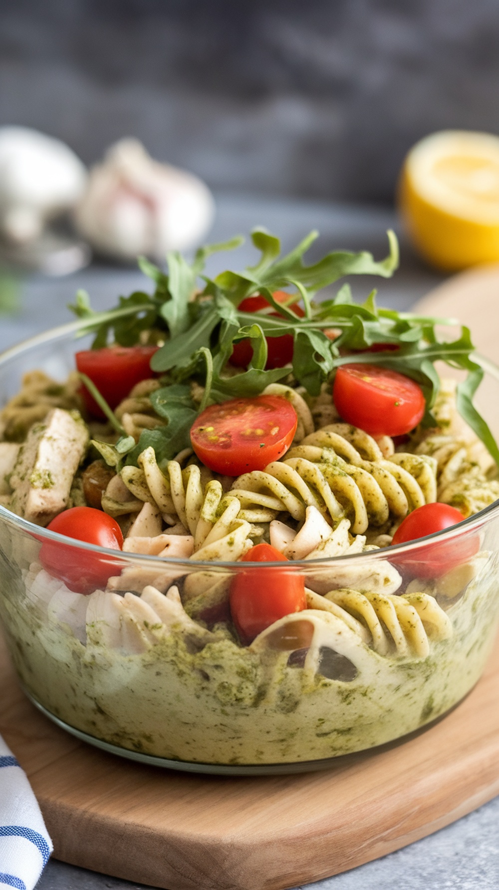 A vibrant bowl of Pesto Chicken Pasta Salad with rotini pasta, cherry tomatoes, and arugula.
