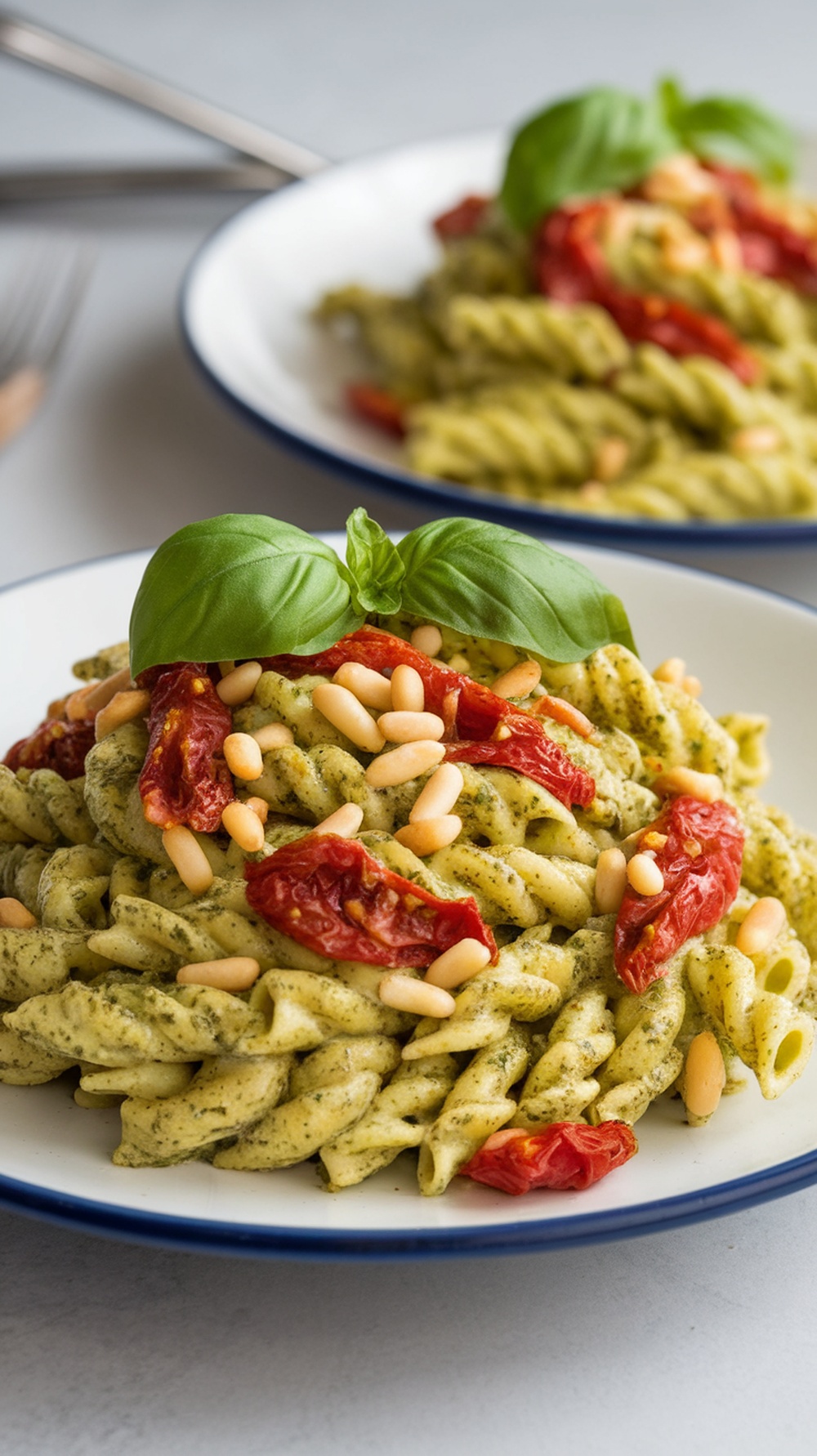 A delicious serving of pesto pasta salad with sun-dried tomatoes and pine nuts topped with fresh basil.