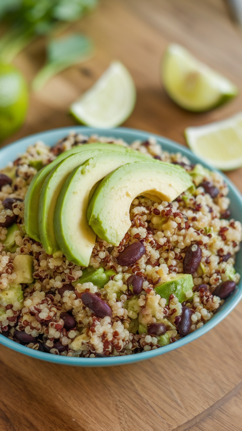 A bowl of quinoa and black bean salad topped with avocado slices.