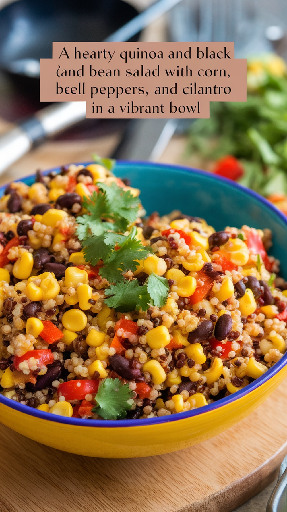 A vibrant bowl of quinoa and black bean salad, featuring corn, peppers, and cilantro.