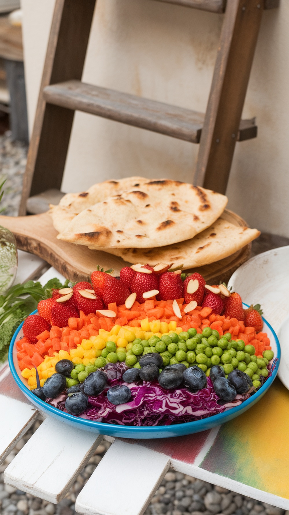 A colorful rainbow salad with various fruits and vegetables, topped with almonds.