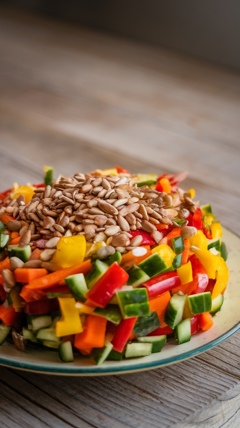 A vibrant chopped salad with various colorful vegetables and sunflower seeds.