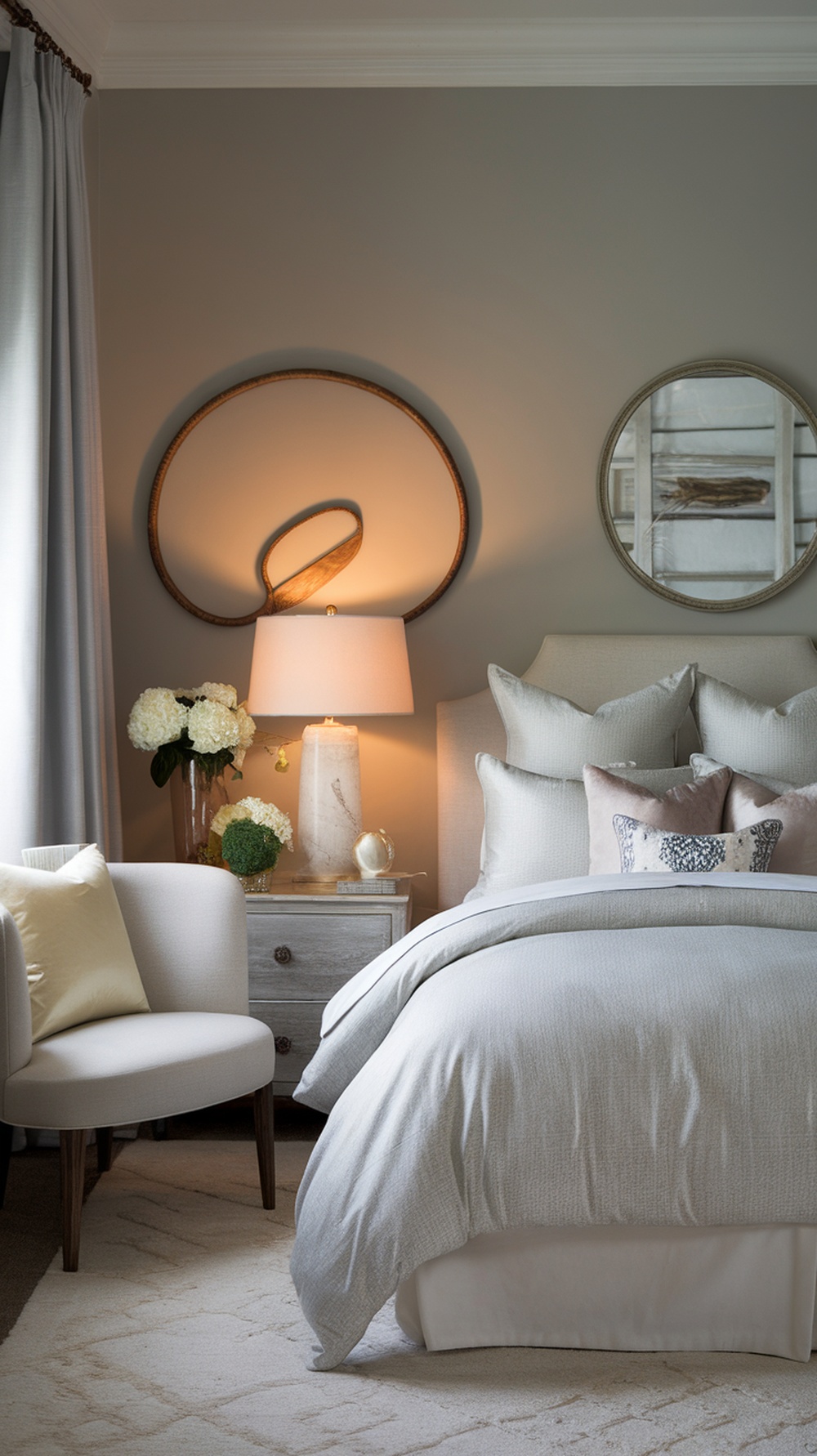 A cozy bedroom with Repose Gray walls, featuring soft bedding, decorative pillows, and a stylish lamp.
