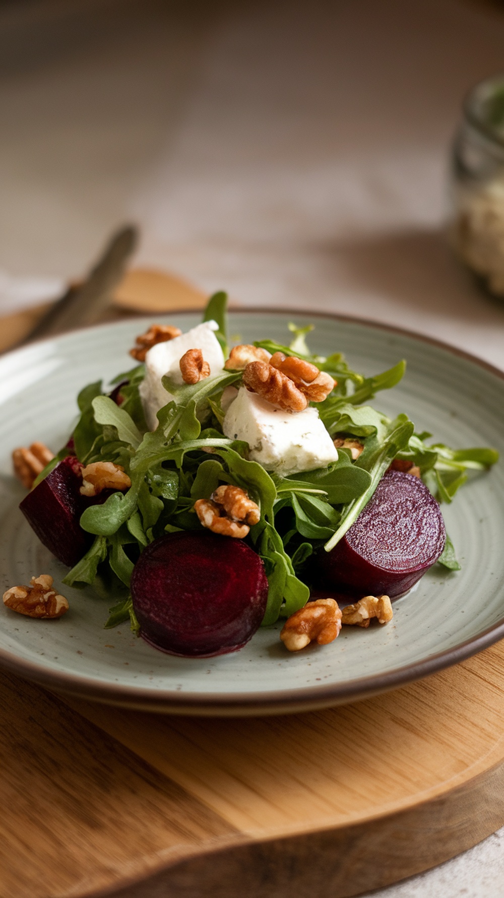 A delicious Roasted Beet and Goat Cheese Salad featuring arugula, walnuts, and vibrant beets.
