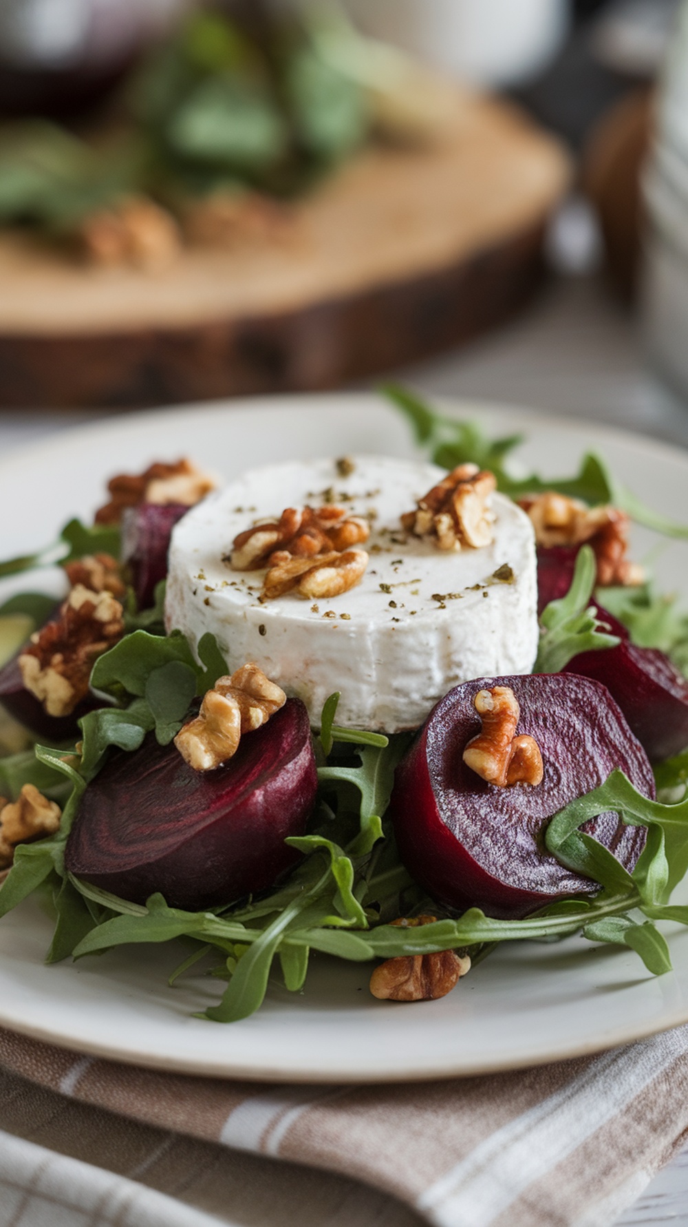 A vibrant roasted beet and goat cheese salad with arugula, walnuts, and a drizzle of balsamic dressing.