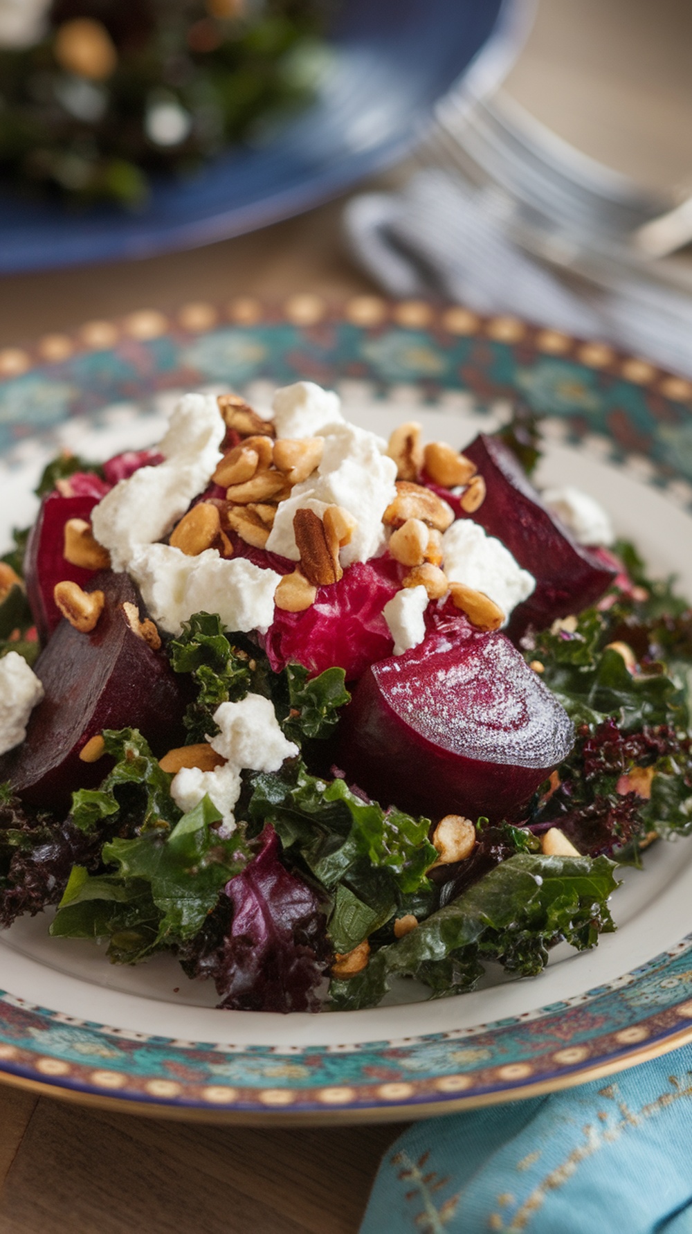 A vibrant salad with roasted beets, kale, goat cheese, and nuts.