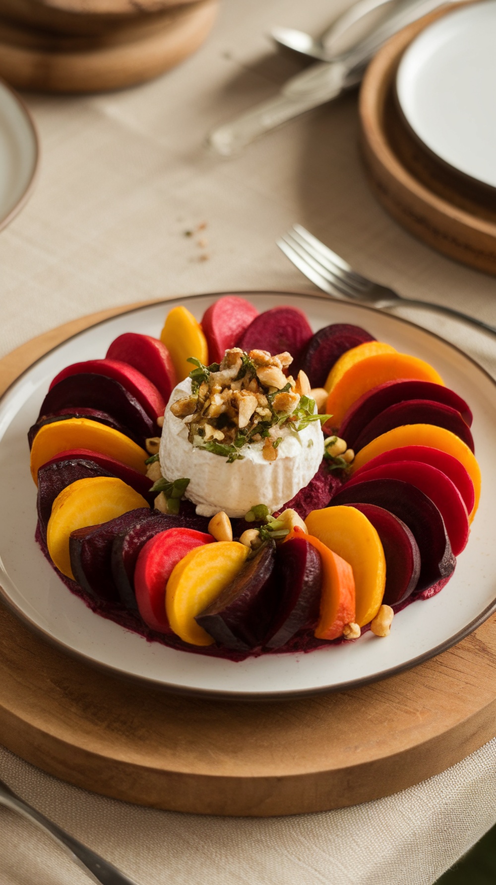 A colorful roasted beet salad with goat cheese and walnuts