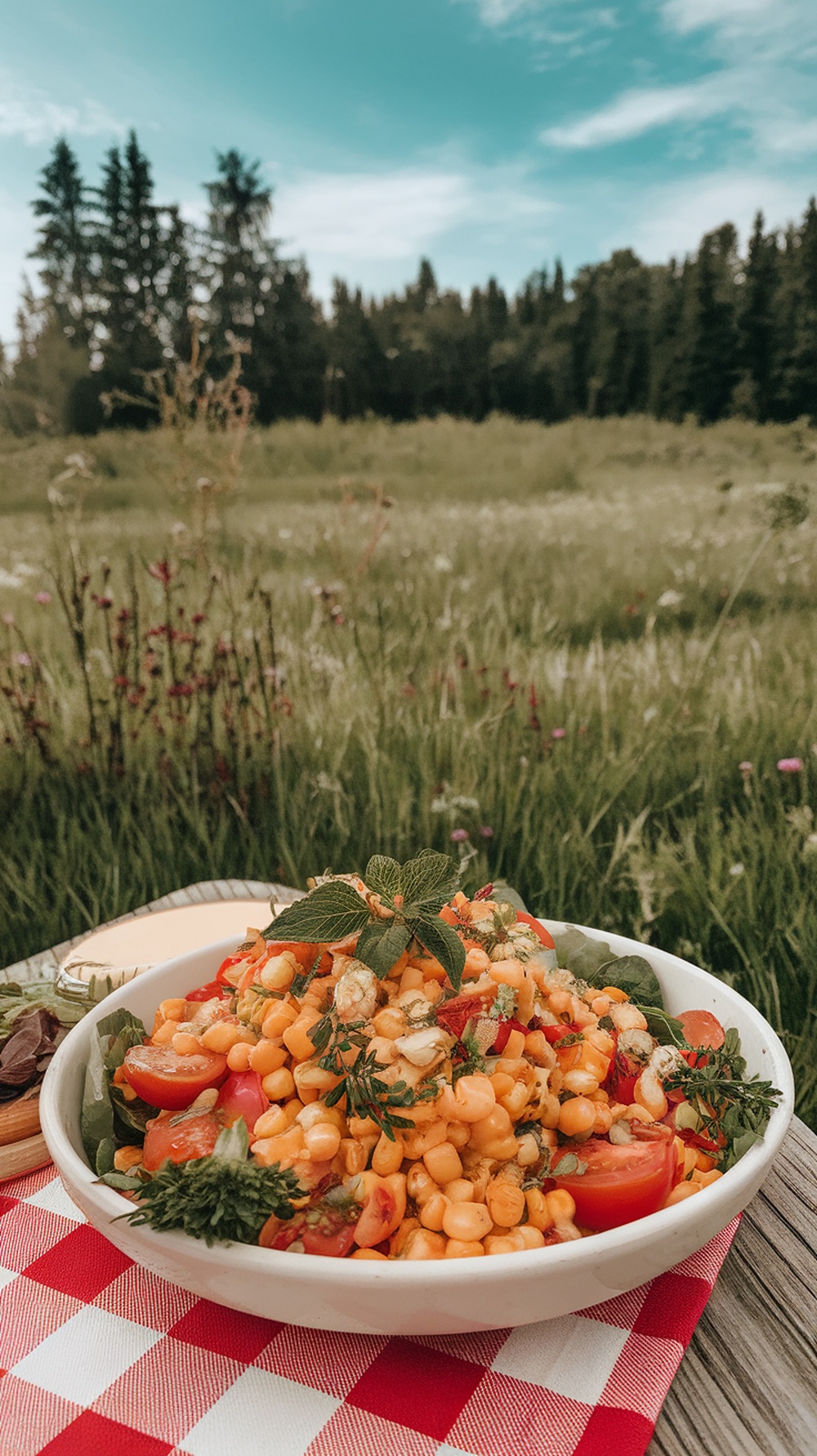 A fresh Roasted Corn and Tomato Salad served in a bowl with colorful ingredients.