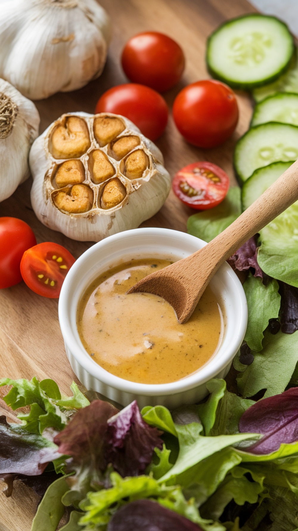 A bowl of roasted garlic dressing surrounded by garlic, tomatoes, cucumbers, and salad greens.