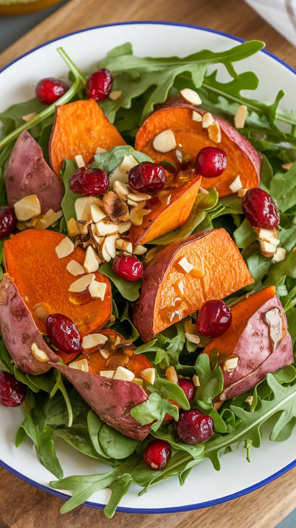 A delicious roasted sweet potato salad with arugula, cranberries, and almonds.