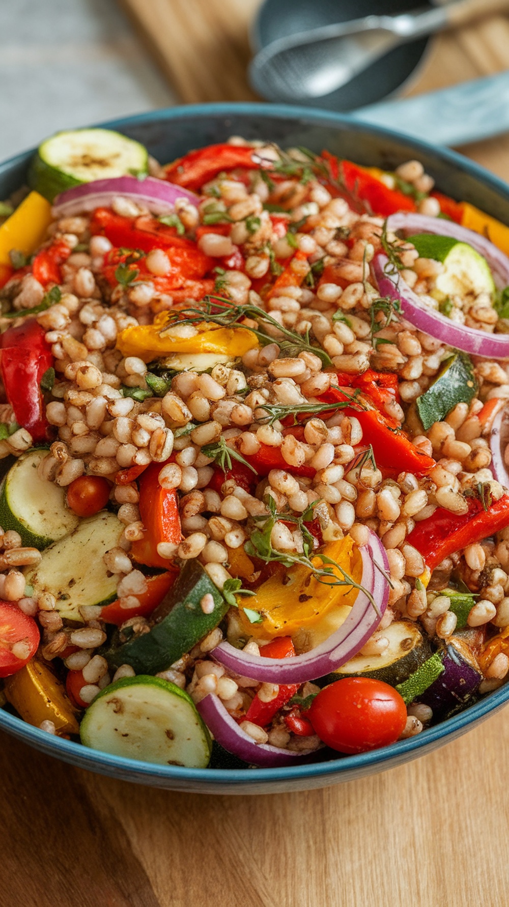 A vibrant bowl of roasted vegetable and farro salad, showcasing a colorful mix of veggies and grains.