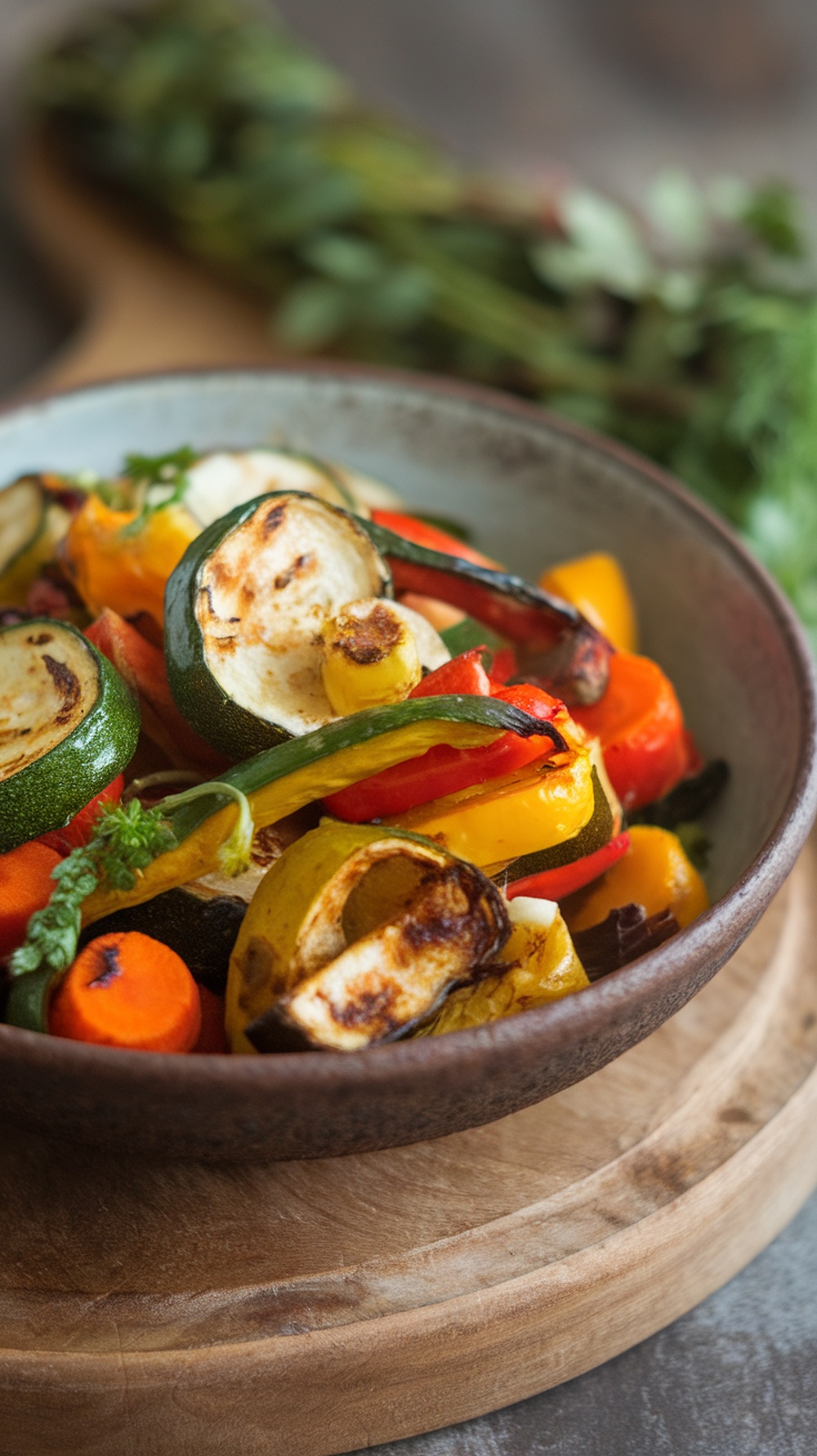 A colorful roasted vegetable chopped salad in a bowl.