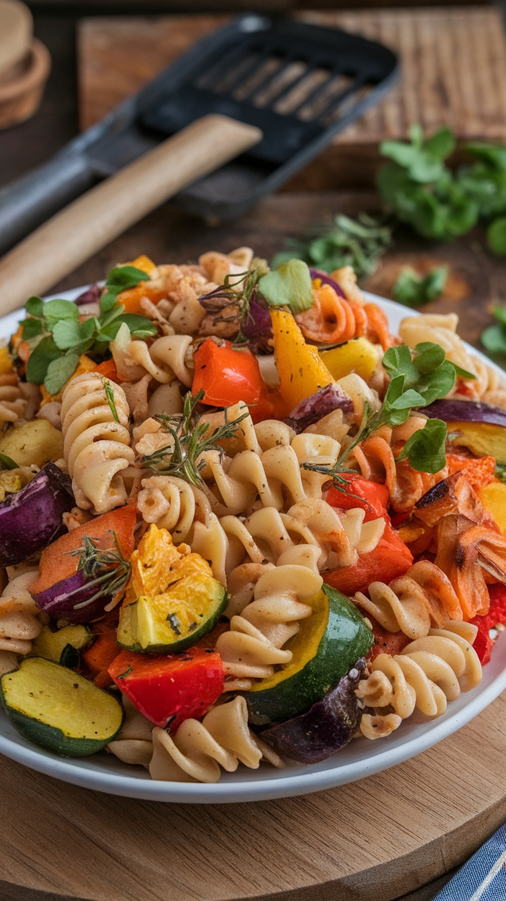 A colorful roasted vegetable pasta salad featuring rotini pasta and a variety of vegetables.