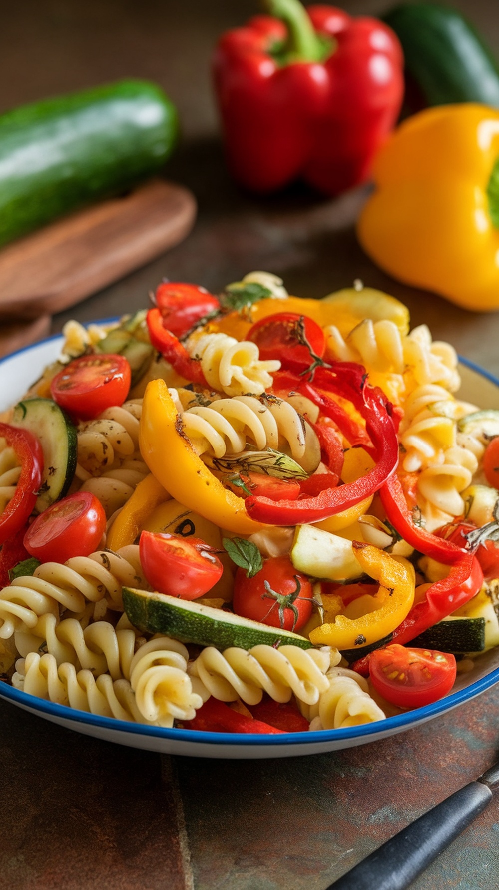 Colorful roasted vegetable pasta salad with olive oil, featuring rotini pasta, bell peppers, zucchini, and cherry tomatoes.