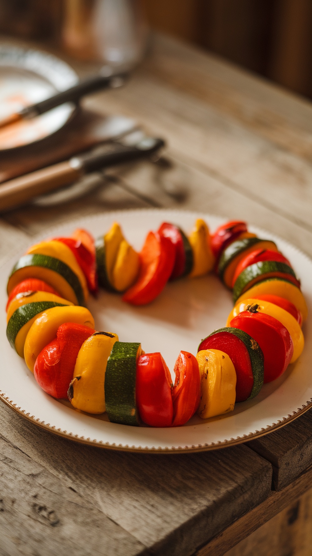 A beautifully arranged roasted vegetable salad with colorful bell peppers and zucchini
