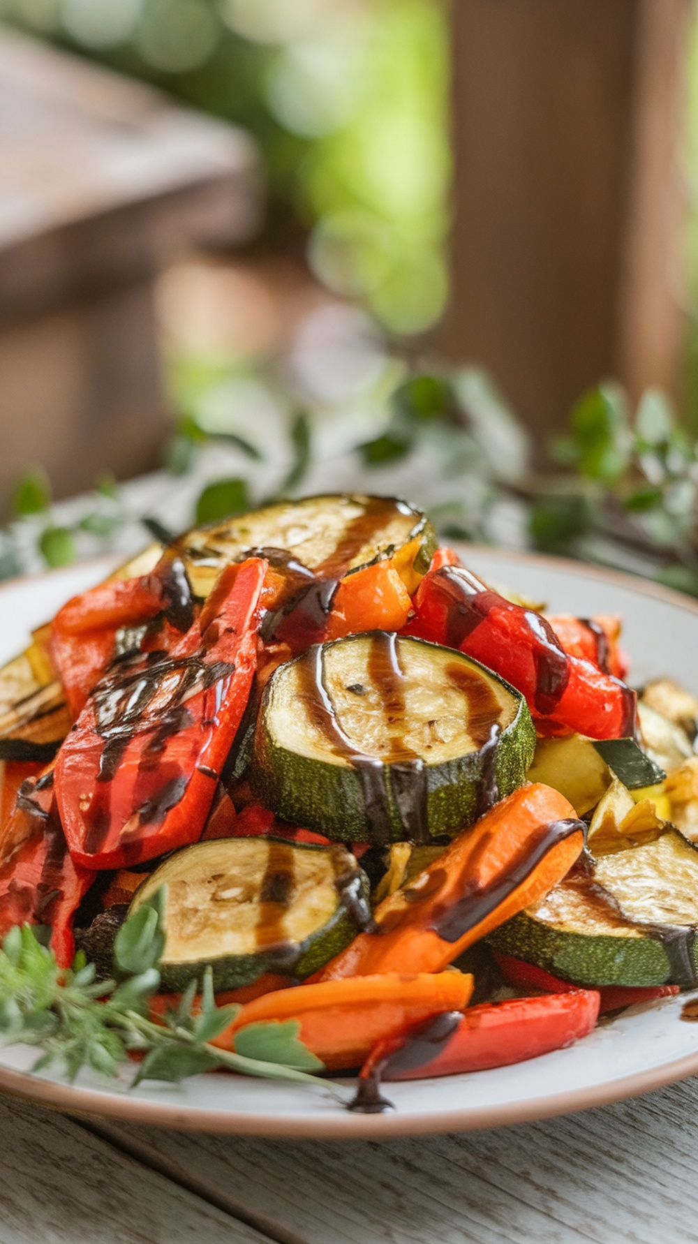 A colorful plate of roasted vegetables drizzled with balsamic glaze.