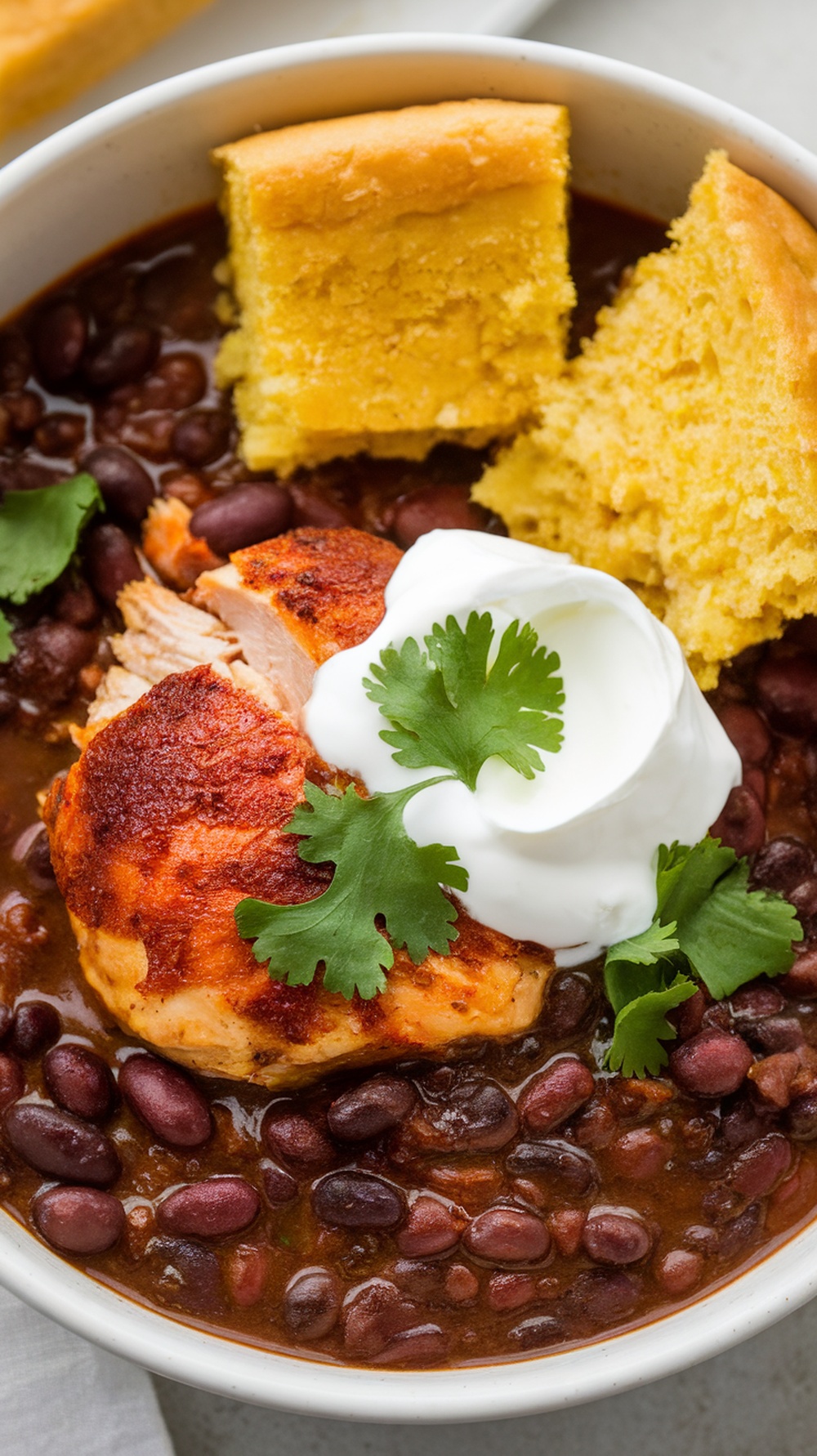 A bowl of rotisserie chicken and black bean chili garnished with cilantro and served with cornbread.