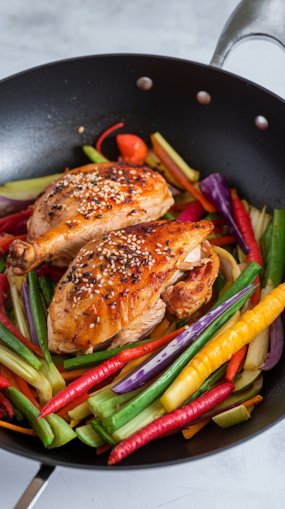 A colorful stir-fry with chicken and vegetables