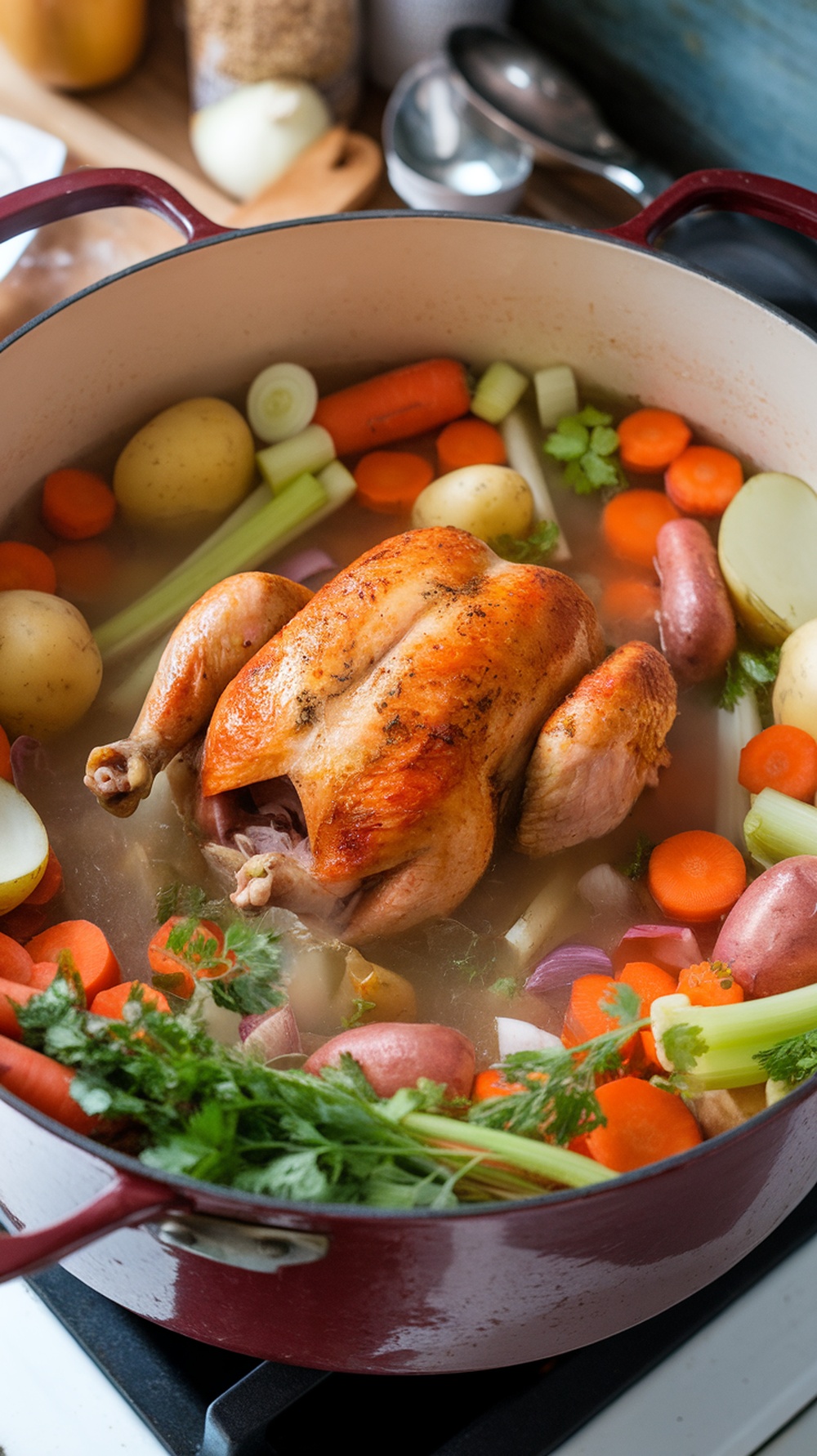 A pot of rustic chicken vegetable soup with a whole chicken surrounded by colorful vegetables.