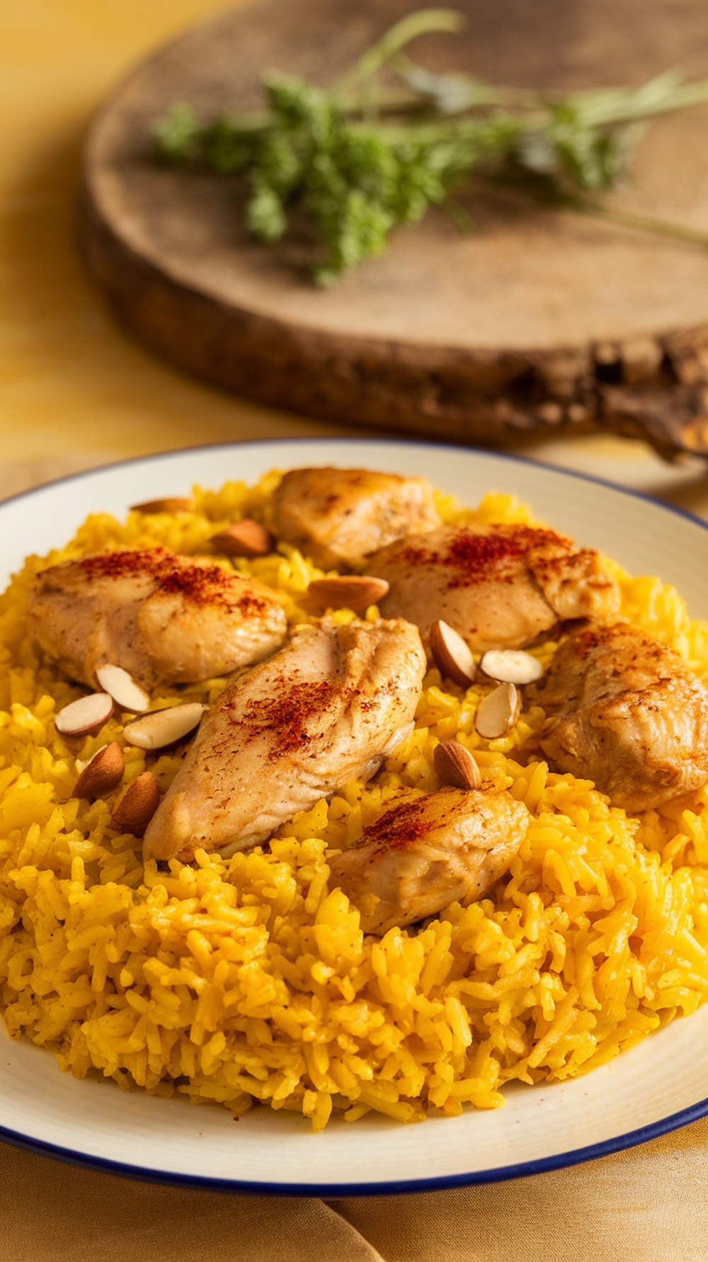A plate of saffron chicken and rice pilaf garnished with almonds and herbs.