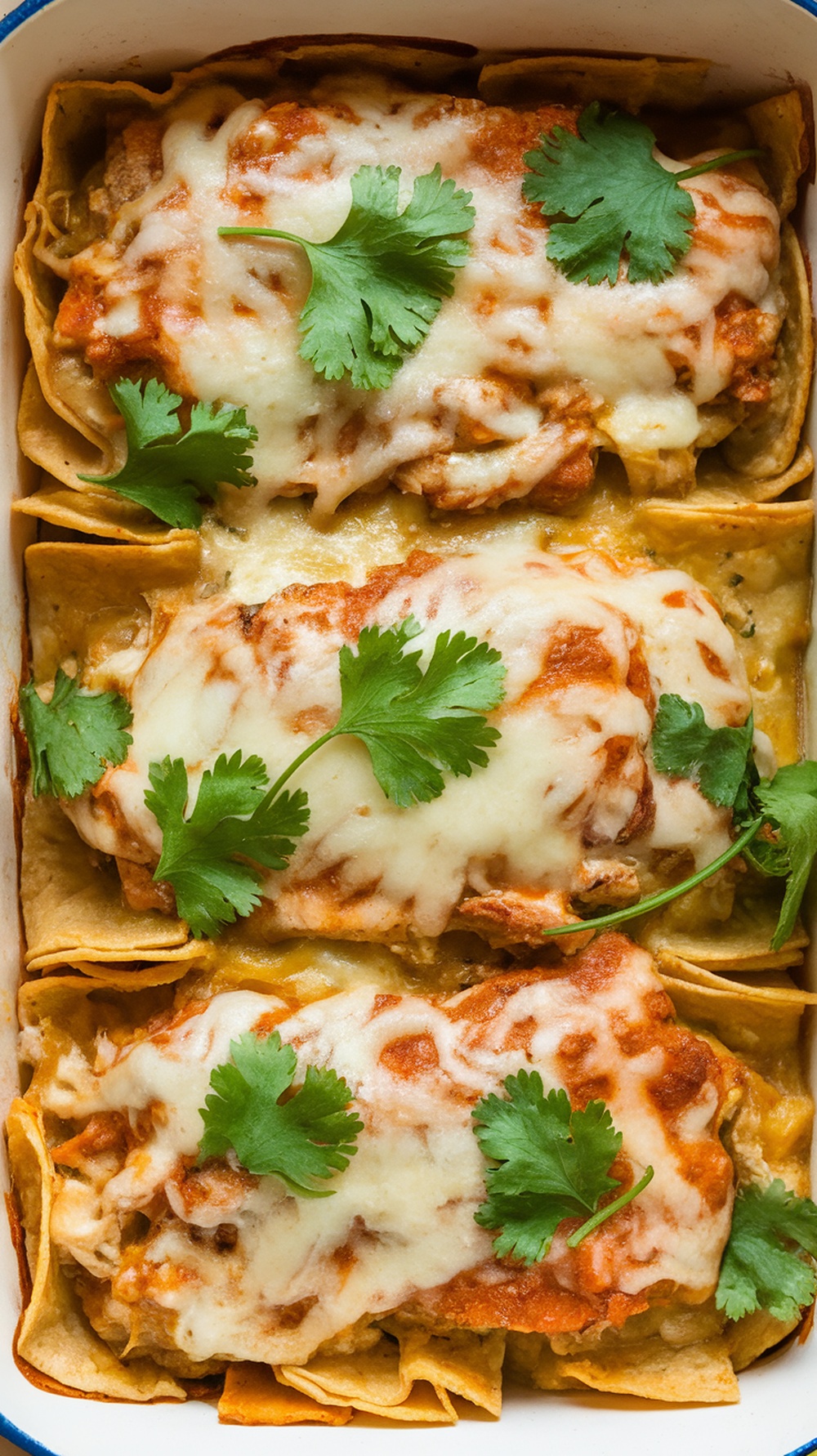A delicious chicken casserole featuring salsa verde, tortillas, and cheese topped with fresh cilantro.