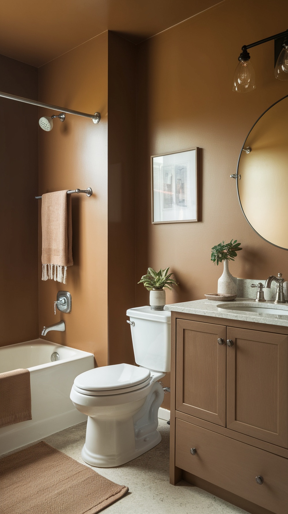 A cozy bathroom featuring warm neutral Sandbar walls, a white bathtub, a plant, and wooden cabinetry.