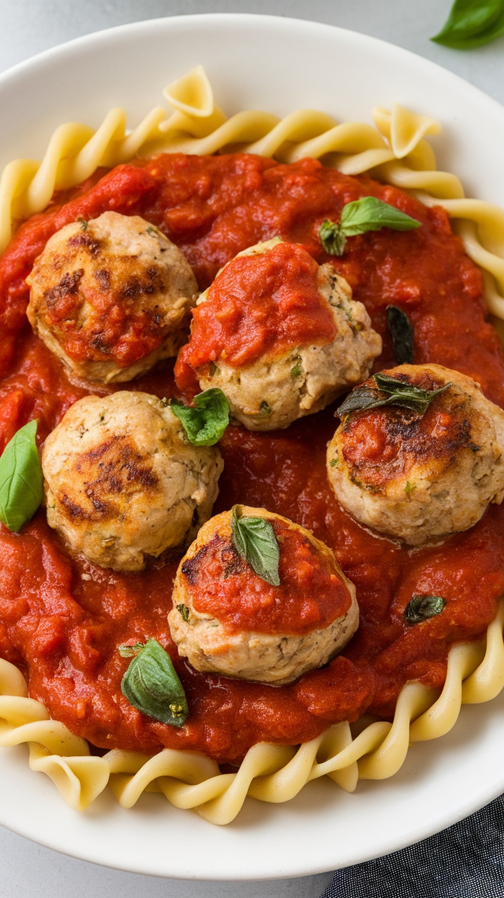 Savory chicken meatballs served in tomato sauce with pasta