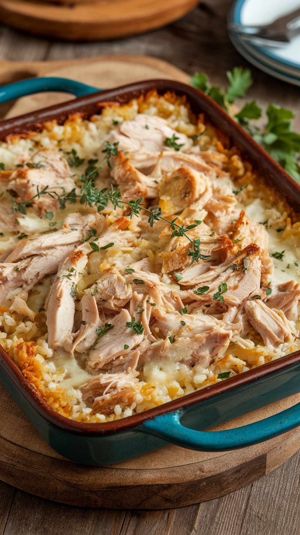 A delicious casserole with shredded chicken and rice topped with cheese and herbs.