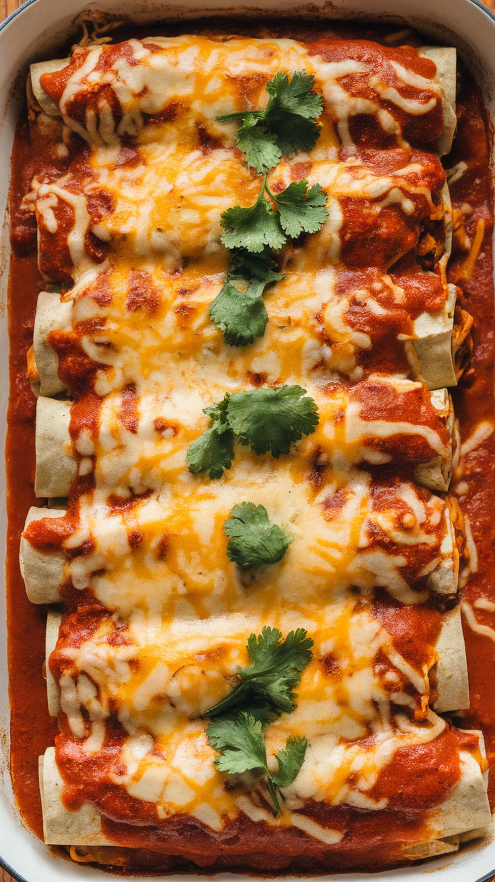 Delicious shredded chicken enchiladas topped with cheese and cilantro