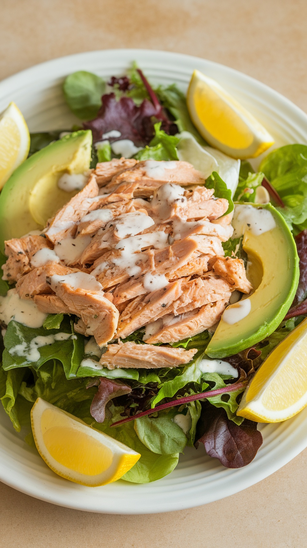 A fresh shredded chicken salad with avocado, greens, and lemon wedges.