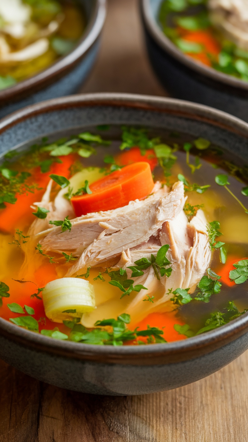 A comforting bowl of shredded chicken soup with vegetables.