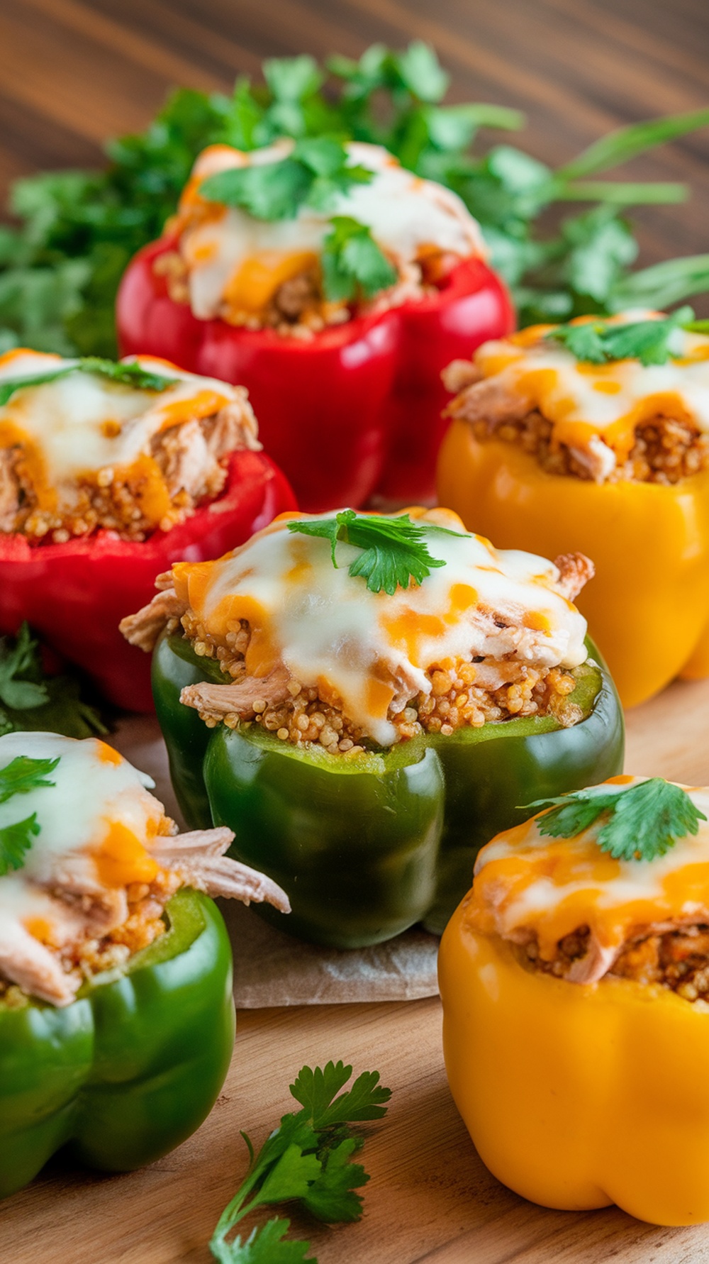 Shredded chicken stuffed peppers arranged on a wooden surface