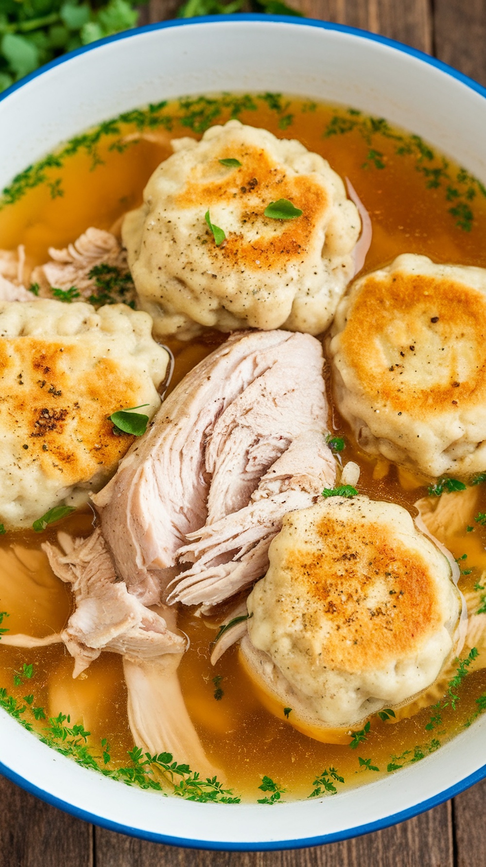 A bowl of chicken soup with dumplings, garnished with herbs
