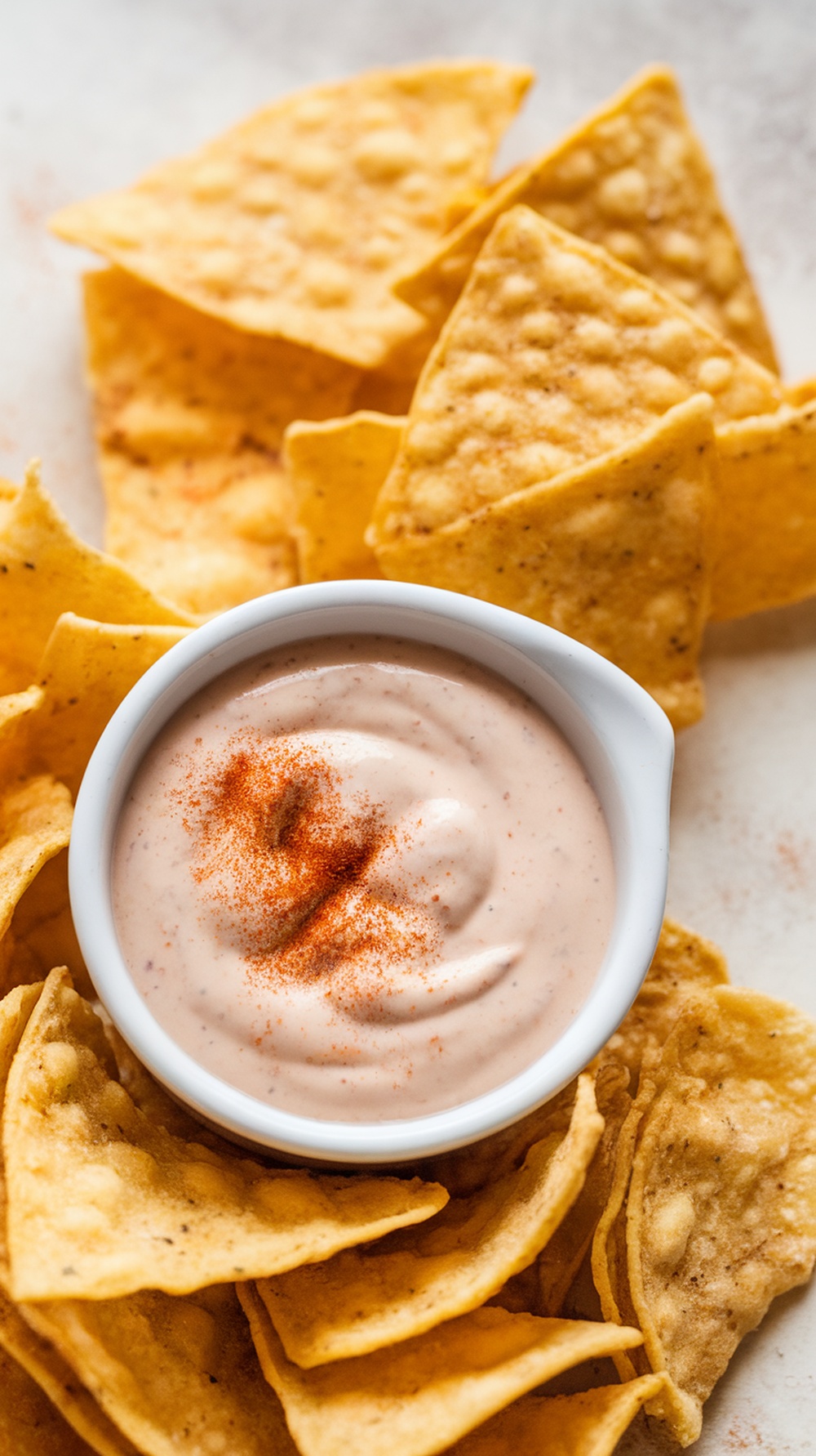 A bowl of Smoky Chipotle Ranch Dressing with chips around it.
