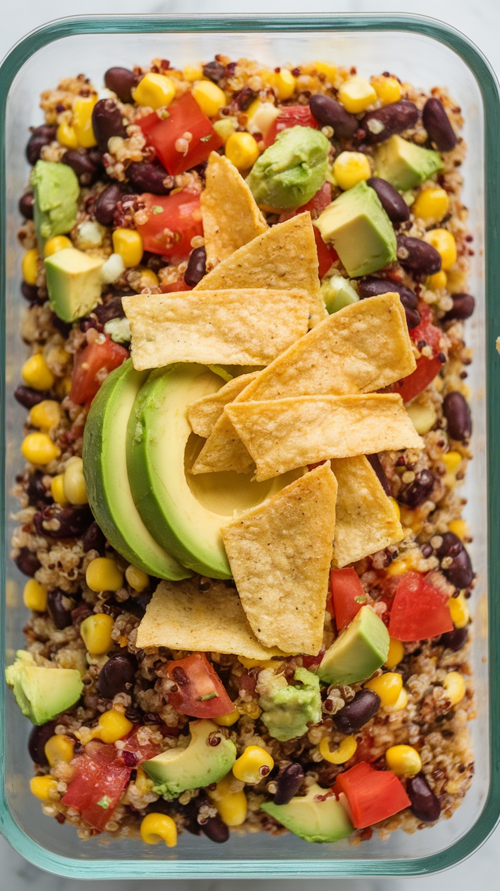 A colorful bowl of Southwest Quinoa Crunch Salad with avocado, tomatoes, and tortilla strips.