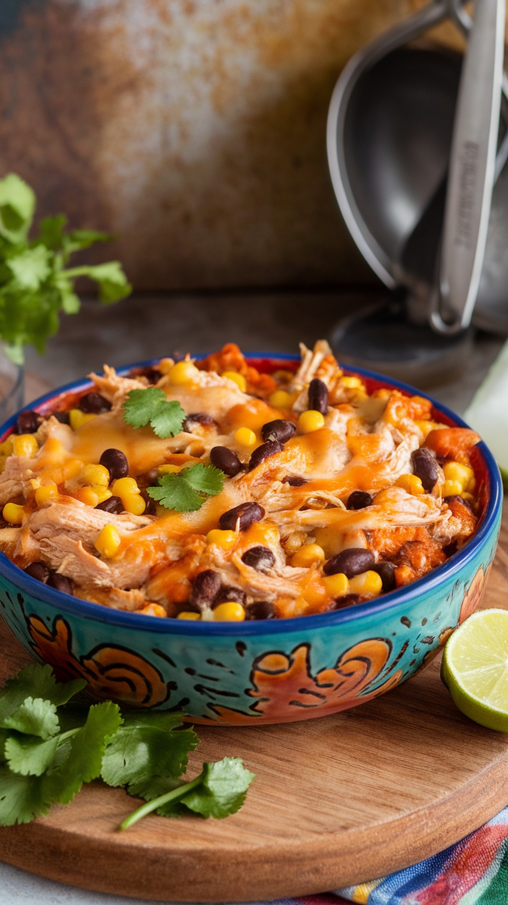 A colorful bowl of Southwestern chicken casserole topped with cheese, black beans, and corn.