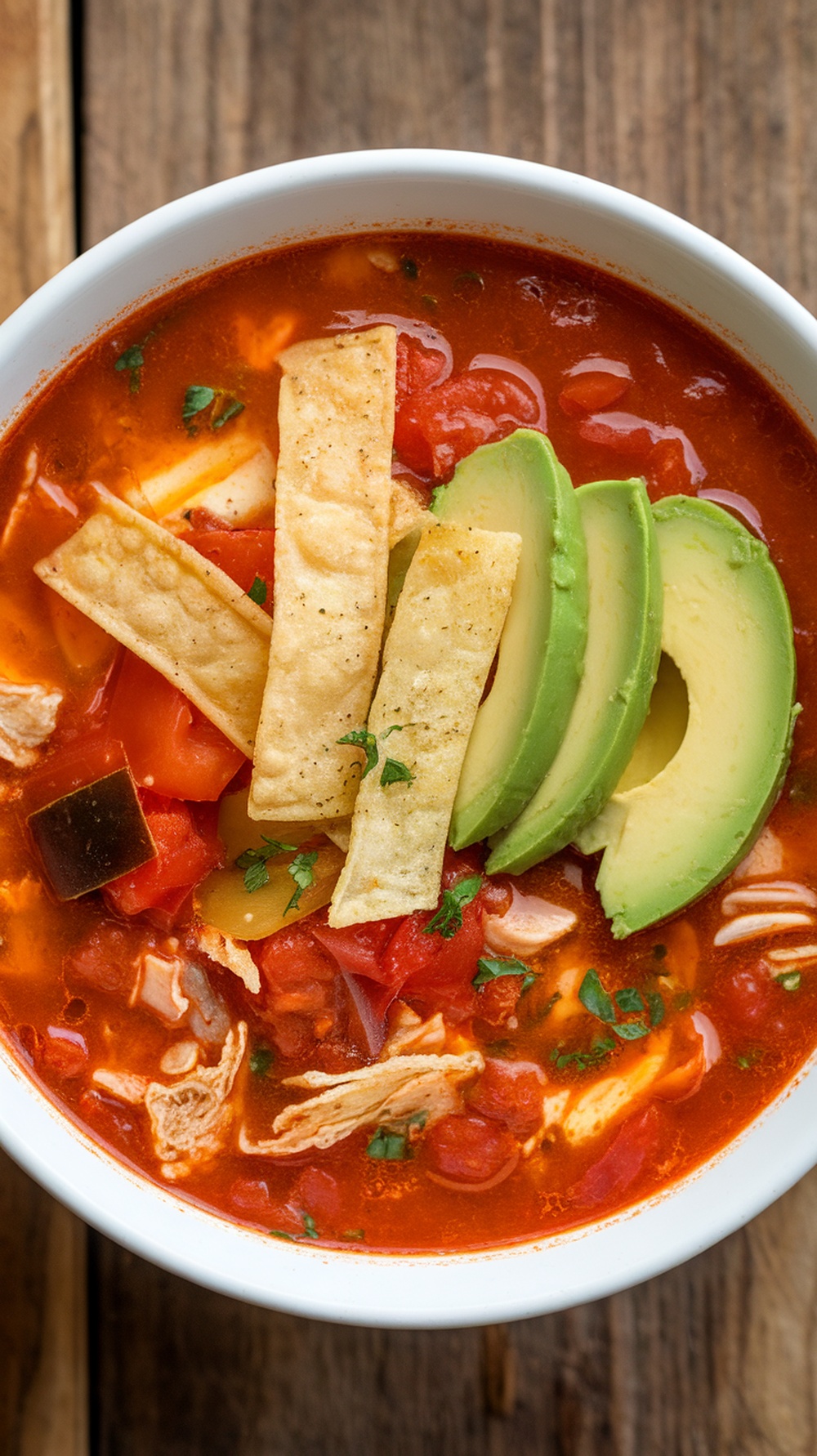 A bowl of Southwestern Chicken Tortilla Soup garnished with tortilla strips and avocado slices.