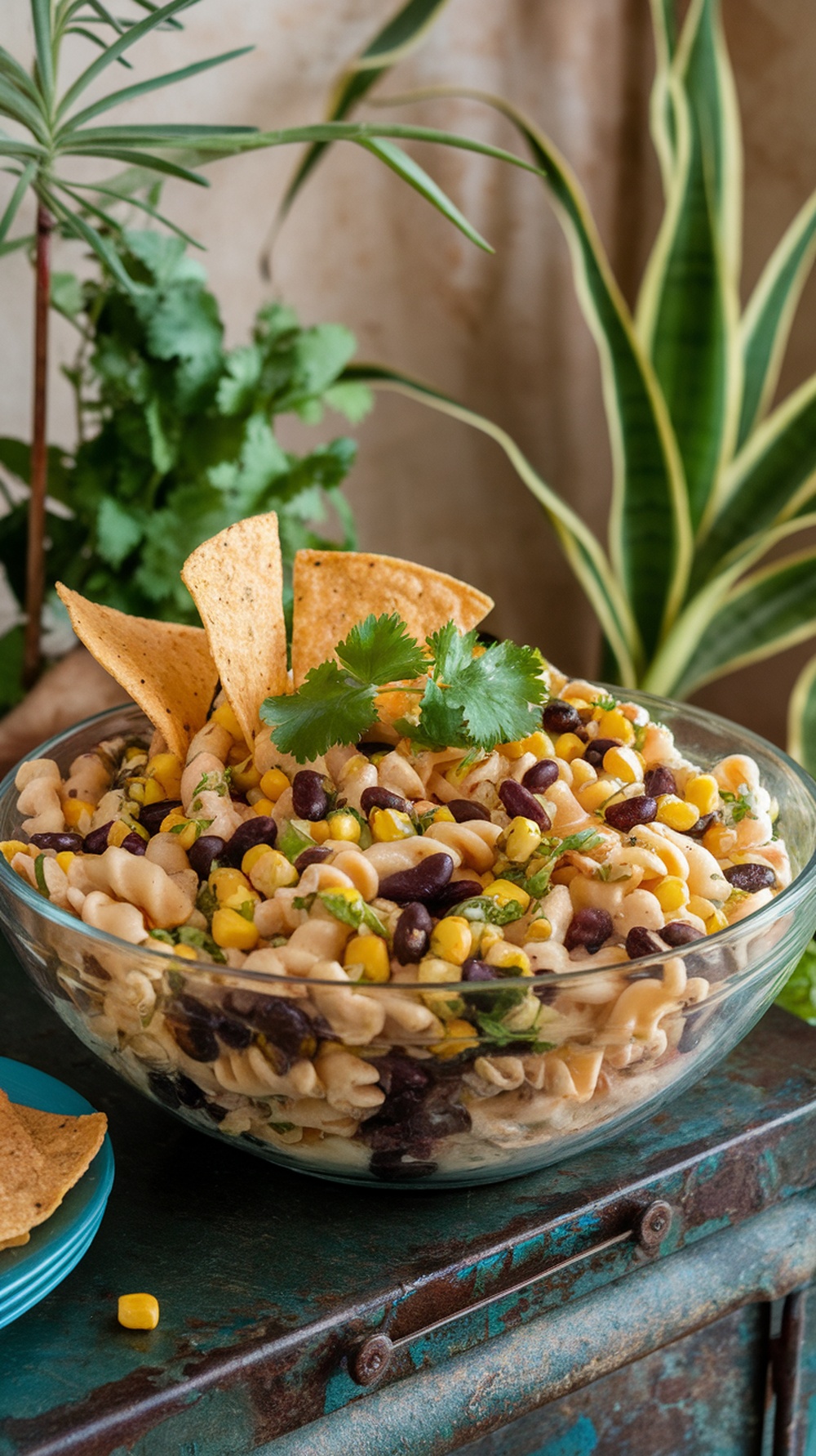 A vibrant bowl of Southwestern pasta salad with black beans, corn, and tortilla chips.