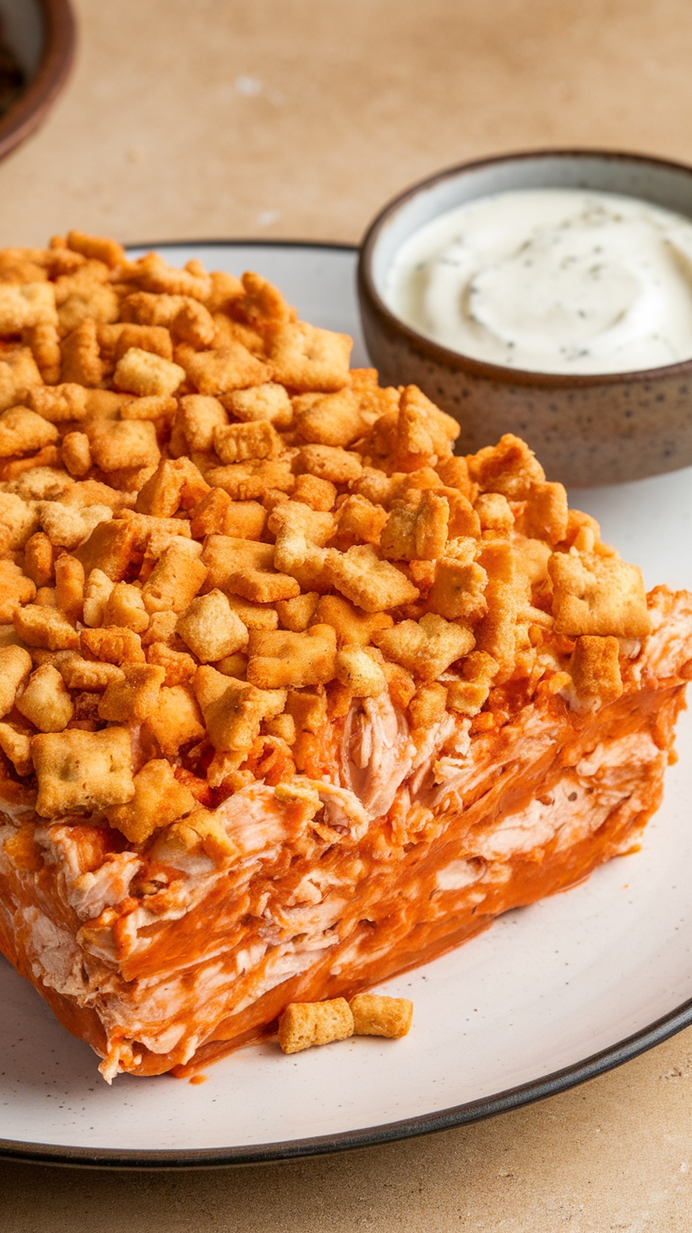 A serving of spicy buffalo chicken casserole topped with crunchy snacks.
